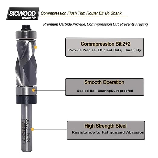 Compression Top and Bottom Bearing Flush Trim Router Bit 1/4 Shank - 1/2" Cutting Dia, Carbide Spiral Up-Down Pattern Template Flush Cut Router Bit, for Wood Trimming