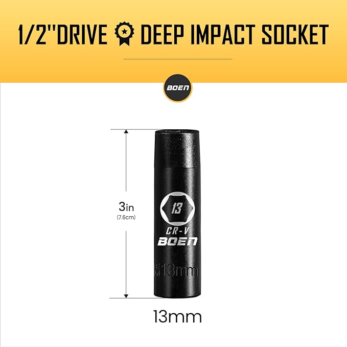BOEN 1/2" Drive Deep Impact Socket,13mm Premium Socket,Metric,6 Point,Cr-V Steel with Laser Marking - Strong and Durable
