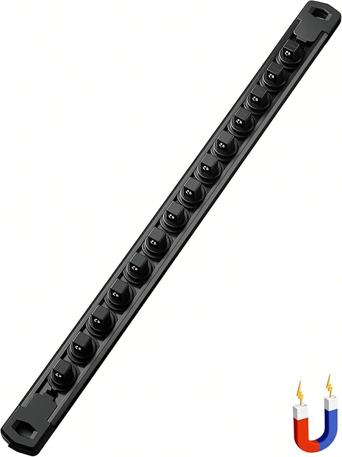 ALOANES 3/8-Inch Drive Magnetic Socket Organizer, Heavy Duty Aluminum Socket Rail Organizer, 360째 Swivel Clips Socket Rail Set For Sockets Storage, 3/8-Inch Socket Holder x 14 Clips (Black)