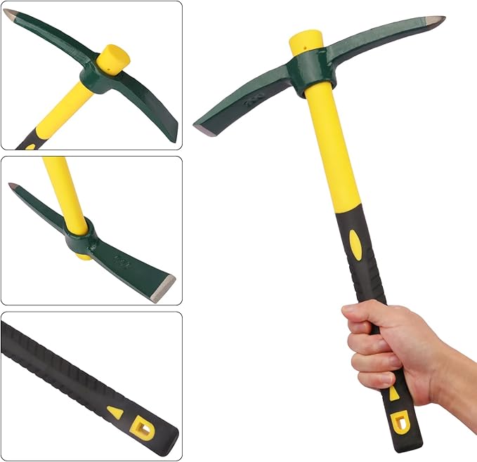 3 Pack 15 Inch Mattock Hoe, Steel Forged Pickaxe with Fiberglass Handle, Weeding Pick Axe, Hand Digging Mattock for Camping, Prospecting, Weeding