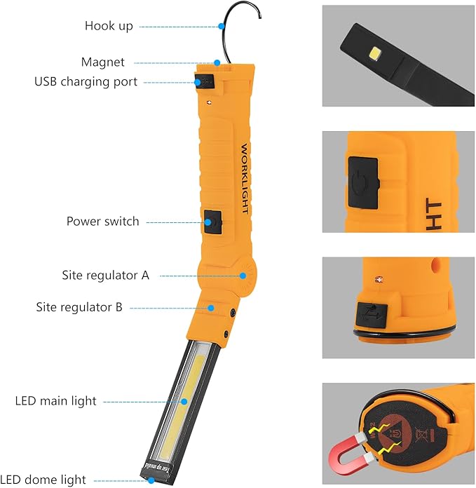 3 Pack Rechargeable LED Work Lights with Magnetic Base and 360째 Rotation, 5 Modes for BBQ, Camping, Reading, and Car Repair