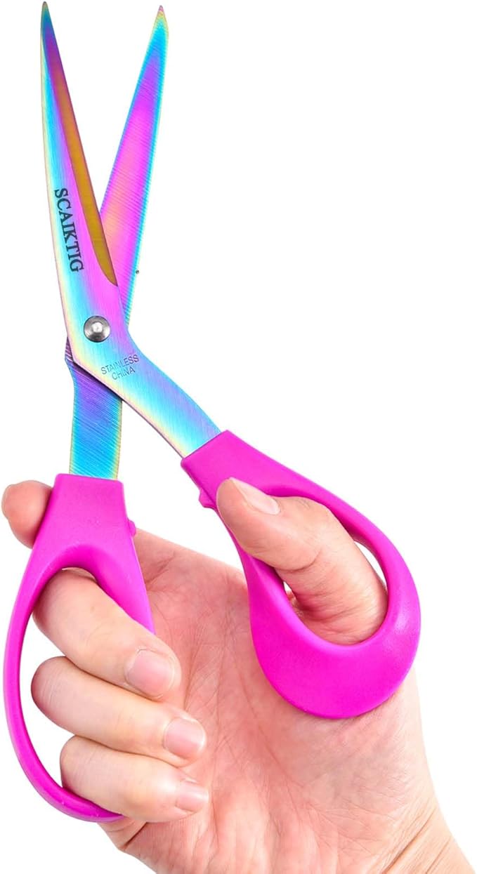 8.5??Bent Fabric Scissors All Purpose Sharp Heavy Duty, Bent Shears for Sewing Crafting Cutting Clothes, Felt, Leather, Paper Supplies, Pink Handle, Titanium Coating Blades