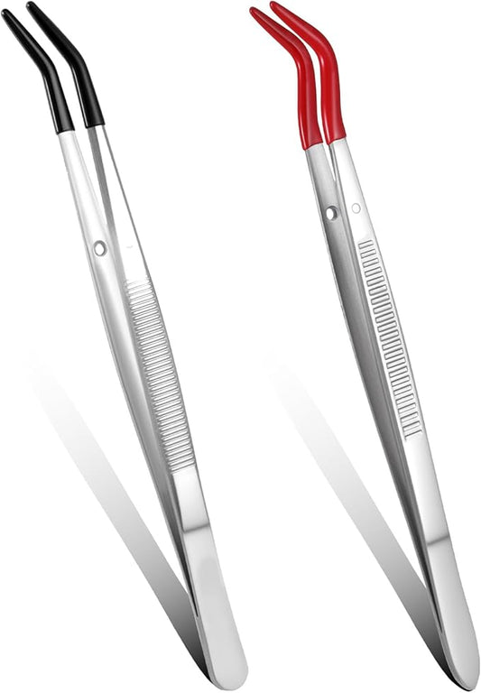 2 Pcs Tweezers Curved Bent Tip Craft Tweezers with Rubber Tips PVC Coated Long Stainless Steel Tweezer Metal Sticker Tweezer for Lab Jewelry Craft Tool Making DIY Crafting Stamp Red and Black