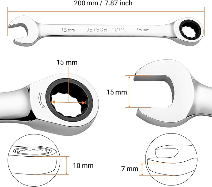 Jetech 15mm Ratcheting Combination Wrench, Industrial Grade Gear Spanner with 12-Point 72-Tooth Ratchet, Forged and Heat-Treated Cr-V Steel, Metric