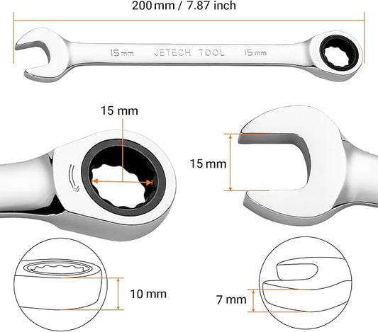 Jetech 15mm Ratcheting Combination Wrench, Industrial Grade Gear Spanner with 12-Point 72-Tooth Ratchet, Forged and Heat-Treated Cr-V Steel, Metric