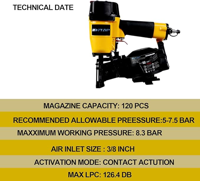 BHTOP CN45N Roofing Nailer, 15 Degree Roofing Nail Gun, 3/4-Inch to 1-3/4-Inch Coil Nails, 120-pcs Load Capacity Coil Nailer in Orange