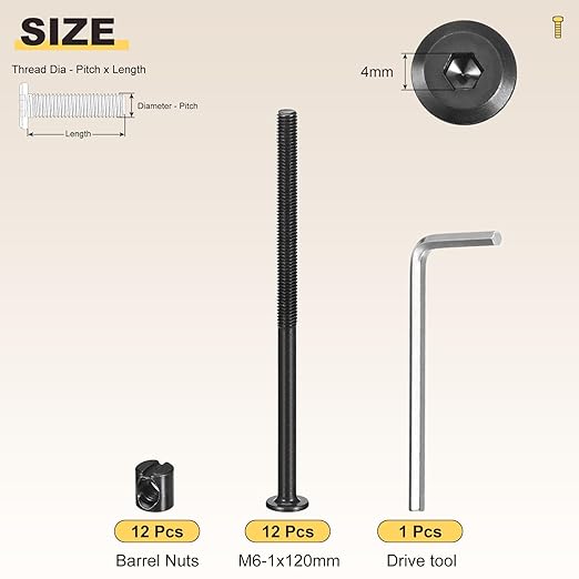 METALLIXITY Furniture Crib Screws Replacement Set with Wrench(M6-1x120mm) 24Pcs, Connector Bolt M6 Screw Barrel Nuts Binding Screws, for Chair Cabinet Bed, Black