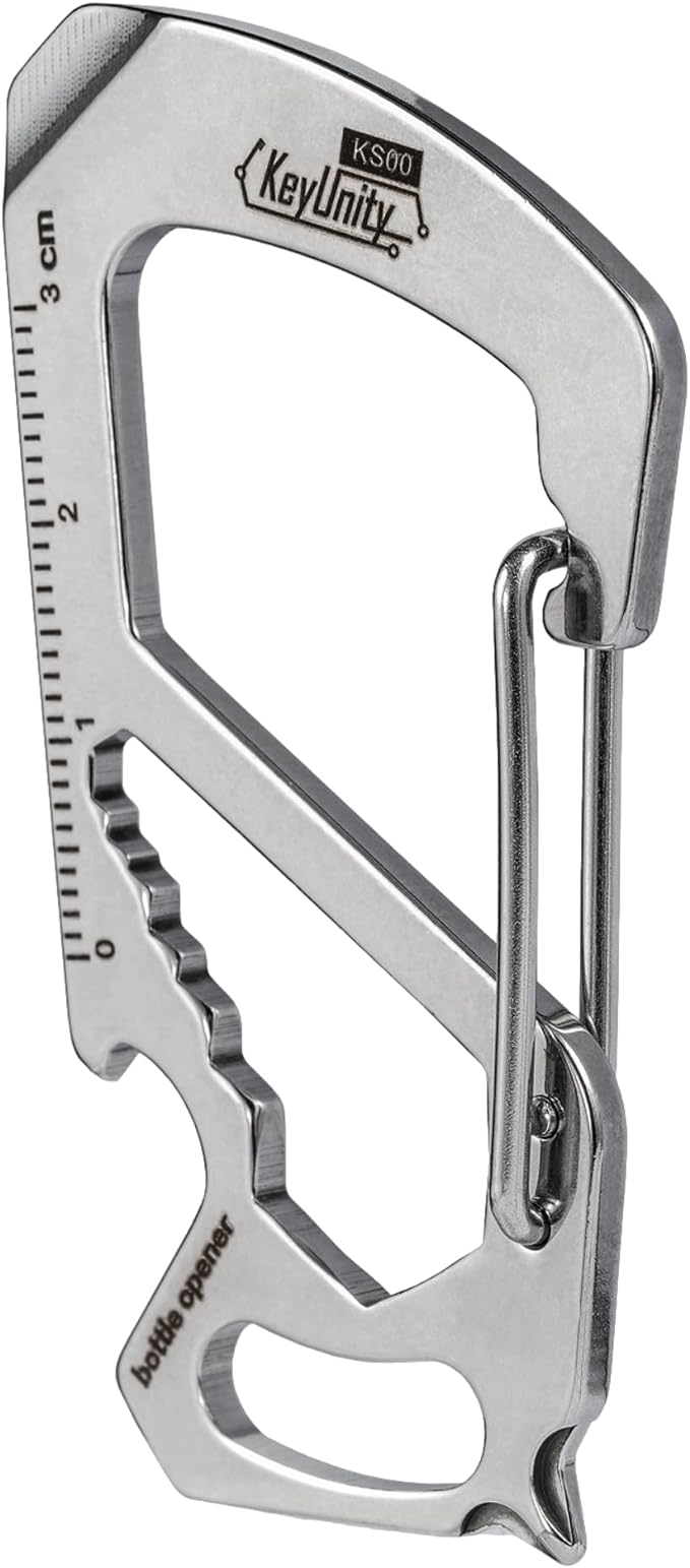 KeyUnity KS00 Carabiner Clip Multitool Stainless Steel 7 Tools in 1, Quick Release Clasp, Wrench, Cross Screwdriver, Slotted Screwdriver, Bottle Opener, Ruler, Key Holder (Silver)