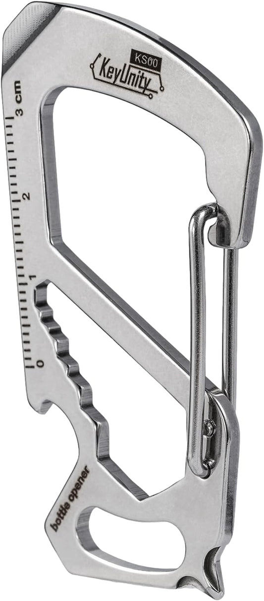 KeyUnity KS00 Carabiner Clip Multitool Stainless Steel 7 Tools in 1, Quick Release Clasp, Wrench, Cross Screwdriver, Slotted Screwdriver, Bottle Opener, Ruler, Key Holder (Silver)