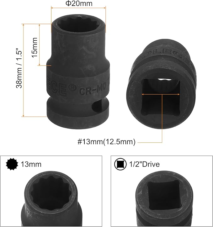 uxcell 1/2" Drive x 13mm Shallow Impact Socket 12-Point Metric CR-MO Steel Nut Impact Grade Socket for Auto Repair