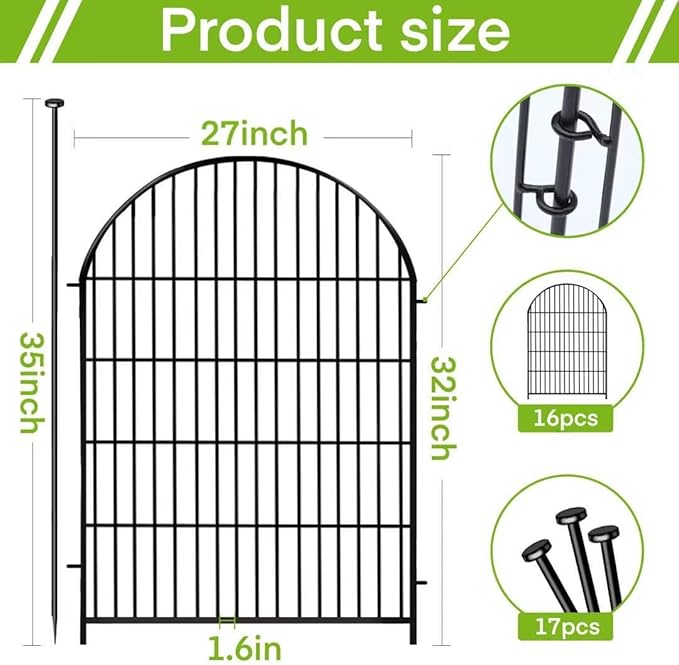 ADAVIN Garden Fence Animal Barrier with Gate 32 in(H)횞35 Ft(L) 16 Panels,Rustproof Metal Wire Tall Fencing Border for Dogs Rabbits,Outdoor no dig pet Fences,Black Flower Edging for Yard,Arched