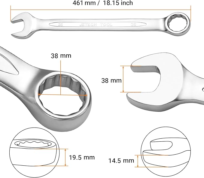 Jetech 38mm Combination Wrench - Industrial Grade, Chrome Vanadium Steel, Sand Blasted Finish, Precision Machined 12-Point Opening, Off-Corners Design, 15-Degree Offset