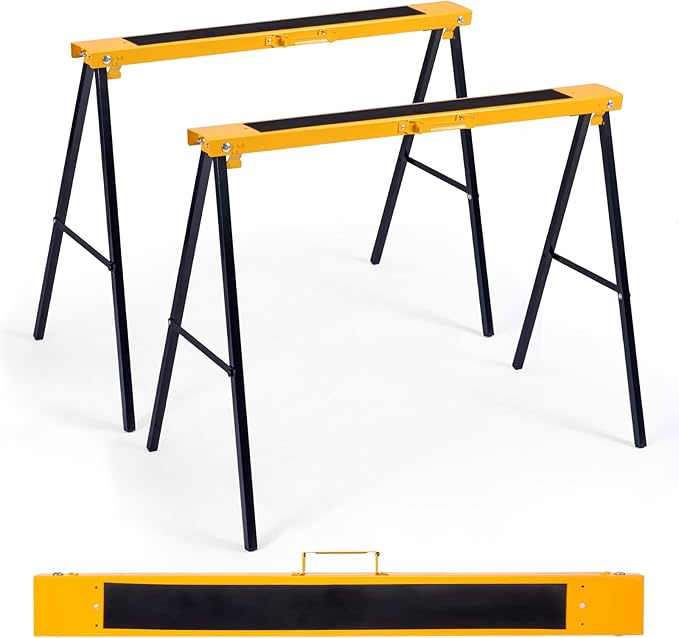 Goplus Saw Horses 2 Pack, Folding Portable Work Horse with Fast Open Legs, Convenient Handle, Heavy Duty Steel Sawhorse for Garage, Workshop, Fully Assembled
