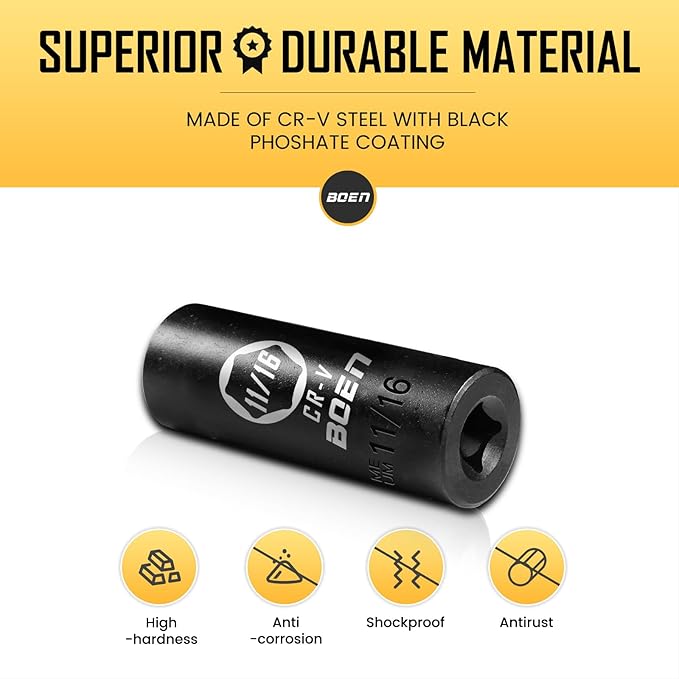 BOEN 1/2" Drive Deep Impact Socket,11/16 Inch Premium Socket,SAE,6 Point,Cr-V Steel with Laser Marking - Strong and Durable