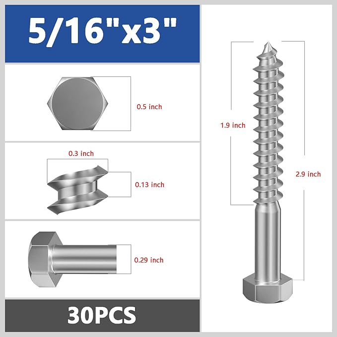 Lag Screws Wood Screws (30PCS, 5/16"x3", Silver) Hex Head Lag Bolts,(8x75) Heavy Duty Lag Screws,304 Stainless Steel Bolts 18-8