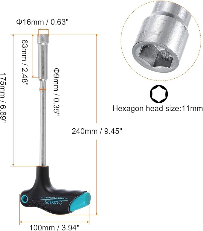 HARFINGTON T-Handle Metric Nut Driver 11mm Dia 175mm Shank 6 Point Hex Socket Screwdriver with Non-Slip Handle for Tightening and Loosening Fasteners