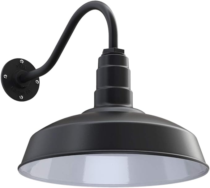 Steel Lighting Co. | Dusk to Dawn | Gardena Barn Light | Outdoor Wall Mounted | 16" Dome | 16" Gooseneck | Farmhouse Light Made in America | Matte Black Exterior/White Interior