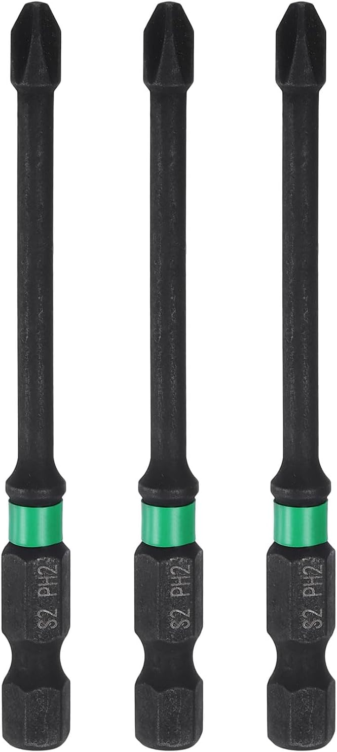 HARFINGTON 3pcs #2 Impact Phillips Screwdriver Bit PH2 1/4" Hex Shank 3" (75mm) Long 0.14" Rod Magnetic Cross Head Drill Bits S2 Steel Industrial Screw Driver for Impact Power Drivers