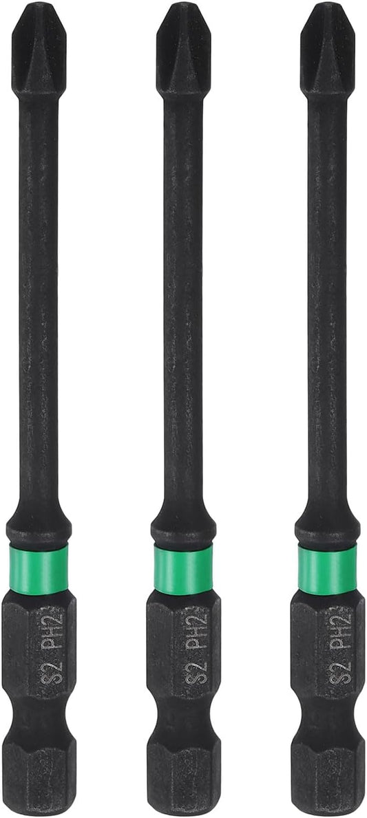 HARFINGTON 3pcs #2 Impact Phillips Screwdriver Bit PH2 1/4" Hex Shank 3" (75mm) Long 0.14" Rod Magnetic Cross Head Drill Bits S2 Steel Industrial Screw Driver for Impact Power Drivers