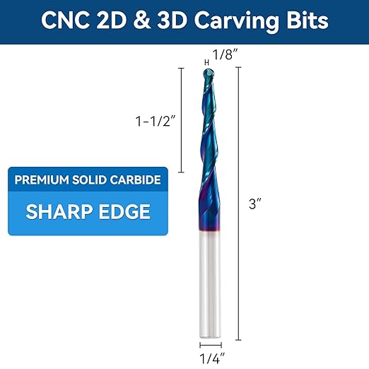 CNC Router Bits Spiral Tapered Ball-Mill 2D & 3D Carving Bits, 2.4 Deg Tapered Angle Ball Tip R1.5, 1/4" Shank 3" OVL for Wood Carving Engraving