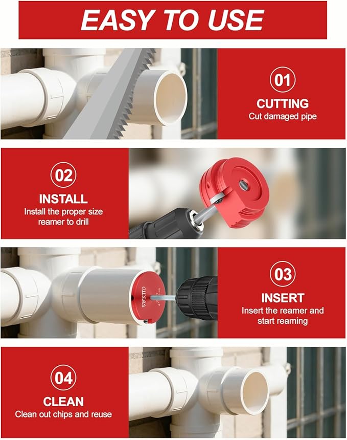 9pcs PVC Pipe Reamer Kit, PVC Fitting Saver with 1/2" Drills - 1/2",3/4",1",1-1/4",1-1/2",2",2.5",3",4??Inner Socket Fitting Saver For SCH40, CPVC, ABS.