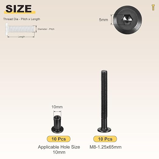 METALLIXITY Furniture Crib Screws Replacement Set(M8-1.25x65mm) 20Pcs, Galvanization Connector Bolts M8 Screw Barrel Nuts Binding Screws, for Chair Cabinet Bed, Black