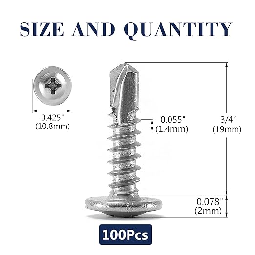#8 x 3/4" Sheet Metal Screws 100PCS 410 Stainless Steel Truss Head Fast Self Tapping Screws by SG TZH