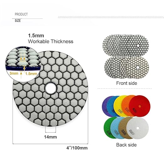 SHDIATOOL 4- Inch Dry Diamond Polishing Pads Set of 7 Pieces for Granite Marble Stone Sanding Disc Grinding Pads