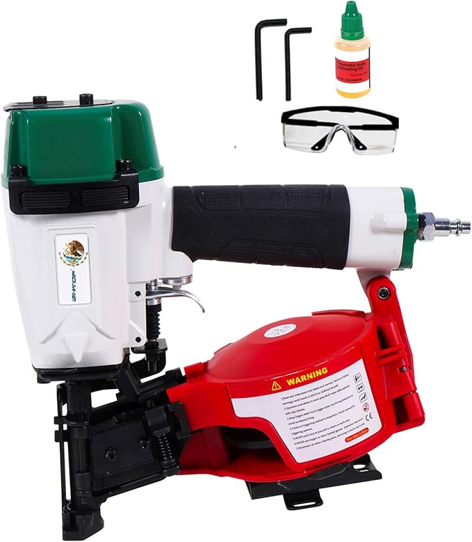 BHTOP Mexican CN45N Roofing Nailer, 15 Degree Roofing Nail Gun, 3/4-Inch to 1-3/4-Inch Coil Nails, 120-pcs Load Capacity Coil Naile (Green/Red）