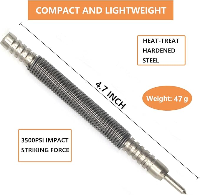 2-Piece Spring Loaded Center Punch Hammerless Single Ended Centering Center Punch, 3500 PSI Striking Force Hit Punch Tool for Metal Wood