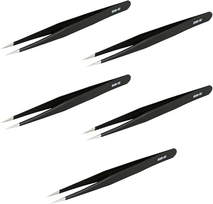 Aoje-Link ESD-12 Professional Anti-Static Precision Technology Tweezers, Non-magnetic Fine Tip Straight, Stainless Steel Plastic Coated, Full Length 135mm, Black, 5pcs
