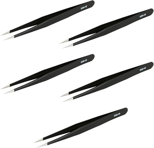 Aoje-Link ESD-12 Professional Anti-Static Precision Technology Tweezers, Non-magnetic Fine Tip Straight, Stainless Steel Plastic Coated, Full Length 135mm, Black, 5pcs