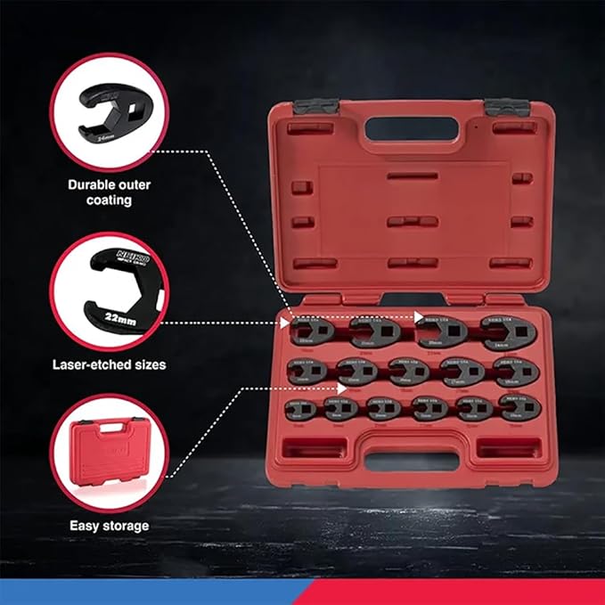 Neiko 03324A Crowfoot Wrench Set 1/2" and 3/8??Drive, 15 Piece, Metric Crows Foot Wrench Sizes 8mm-24mm, Chrome-Moly Flare Nut Wrench Set