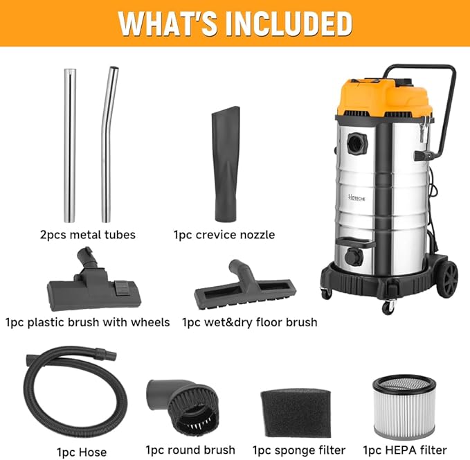 Hoteche 20 Gallon Wet Dry Vacuum Cleaner, Industrial Shop Vac with 5-Piece Accessories, Dual-Motor, Metal Tank, for Garage, Workshop, Basement Flood Cleanup