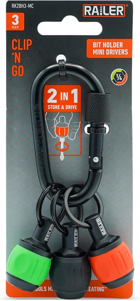 Bit Holder Key Chain Screwdrivers - Railer Heavy Duty 1/4" Hex Soft Ball Grip Bit Holders & Secure Keychain Carabiner. HVAC Tools w/Quick Release For Nut Drivers, Impact Driver & Drill Bits