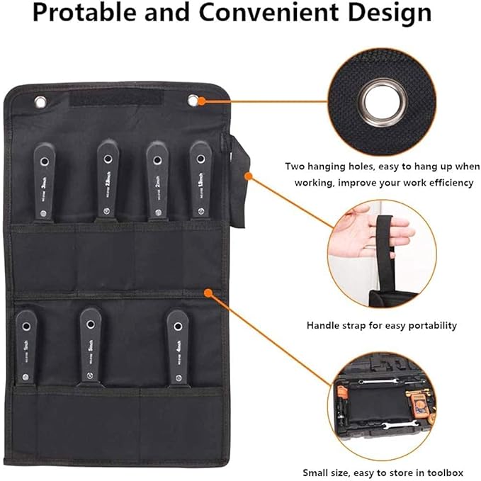 7 PCS Drywall Paint Scraper Tools with Storage Bag,Spackle Drywall Putty Knife Set,Stainless Steel Spackling Taping Knife Tool for Repairing,Removing Wallpaper,Applying Putty,Mud, Plaster Scraping
