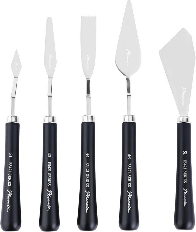 PHOENIX Flexible Palette Knife Set - 5 Pieces Stainless Steel Painting Knives, Art Knife with Wood Handle, Paint Spatula for Oil Acrylic Paint - Painting Tools for Artists