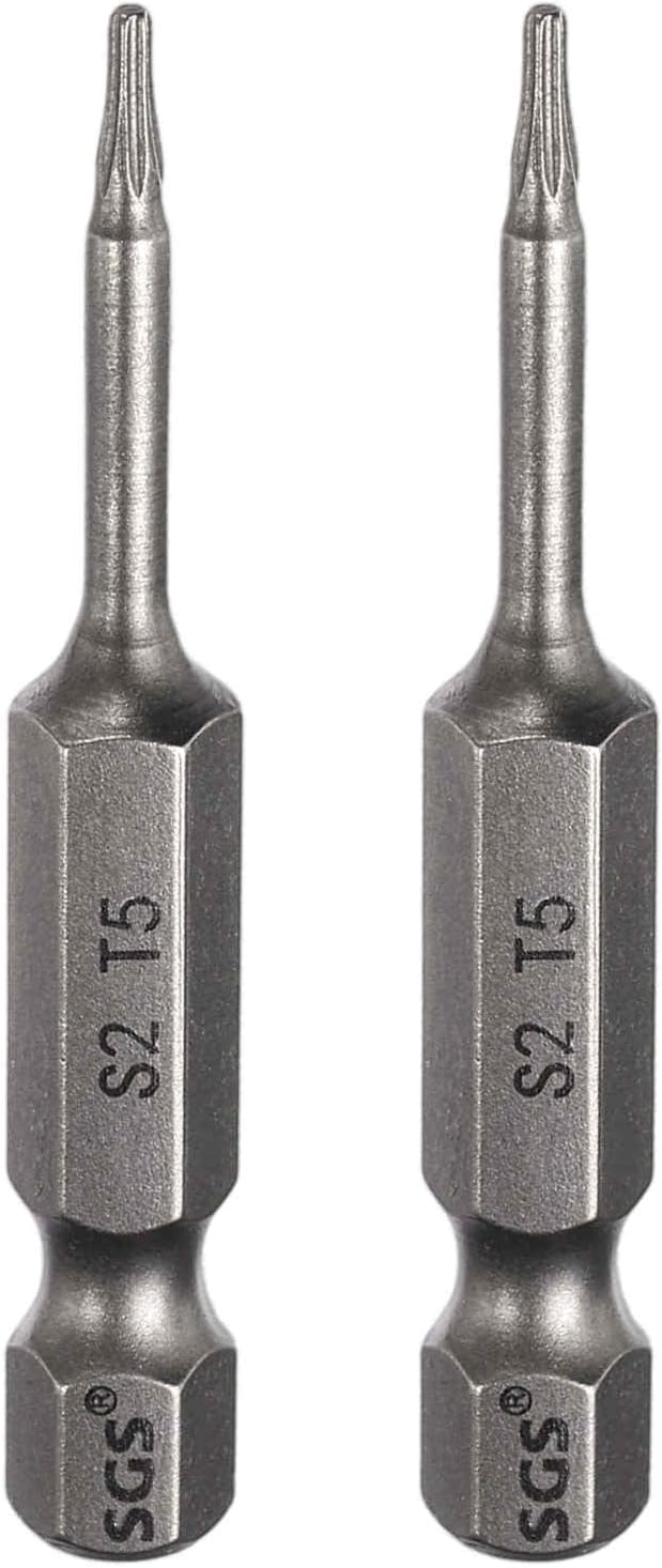 HARFINGTON 2pcs T5 Torx Head Screwdriver Bit 1/4" Hex Shank 2" (50mm) Long Magnetic No Hole Tip Tamper Proof 6 Point Star Screw Driver Drill Bits S2 Steel Industrial Power Screwdrivers