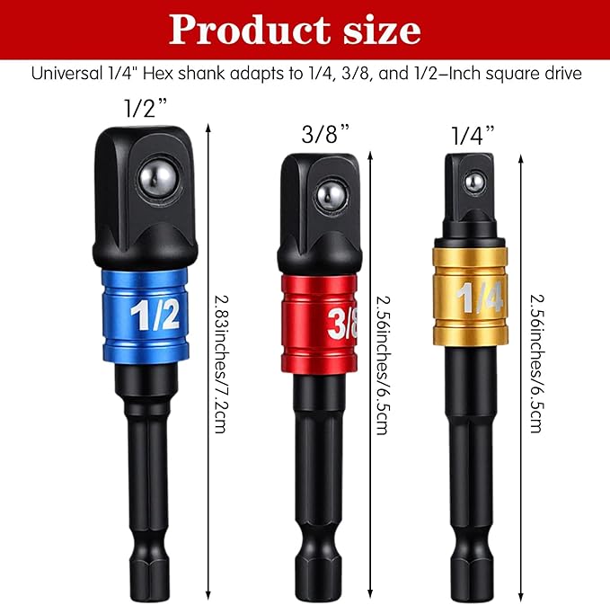 3 Pcs Impact Socket Adapter Set 1/4", 3/8", 1/2" Drive Socket Set Impact Grade Driver Bit Set Socket Adapters With Extension Driver Bit & Holder Compatible With Power Drill High Torque Impact Wrench
