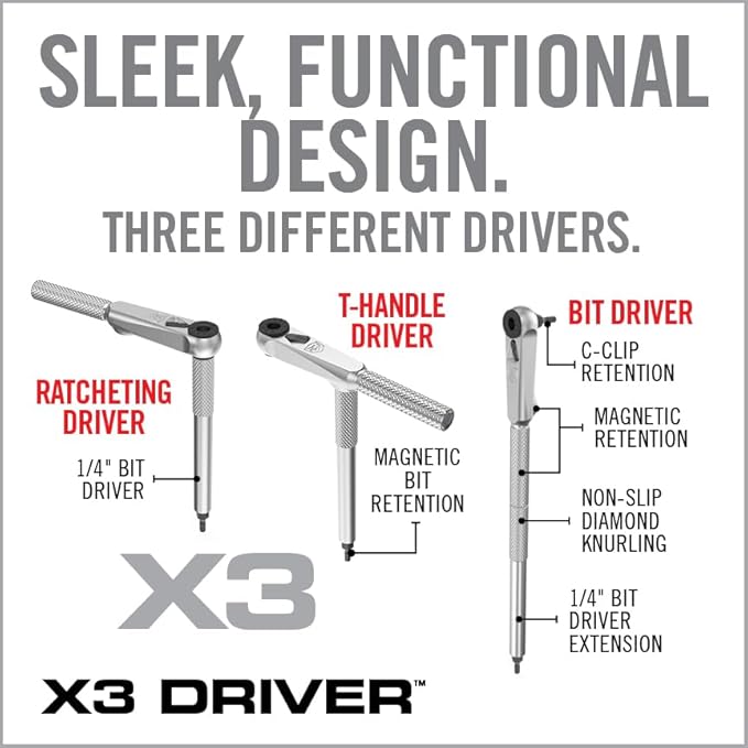 Real Avid X3 Ratcheting Screwdriver Set with 13 Bits, 3-in-1 Driver, T-handle & Extension - Includes 4 Hex 4 Torx 3 Metric 4 Standard Hex & Phillips