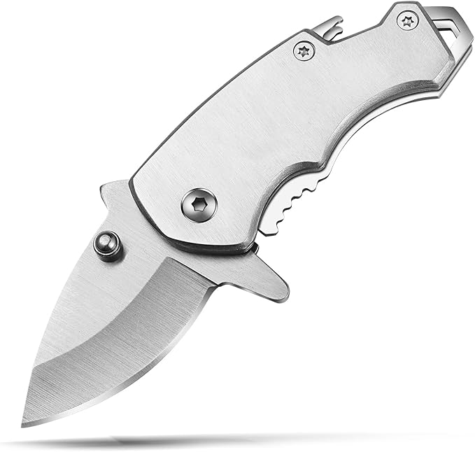 Small Pocket Knife for men, 1.58 Inch Blade, Silver Stainless Steel, Compact Keychain knife with Safety Lock and Clip for Camping, Hiking, Daily Task, Mini Folding Box Cutter EDC Gadgets Tools