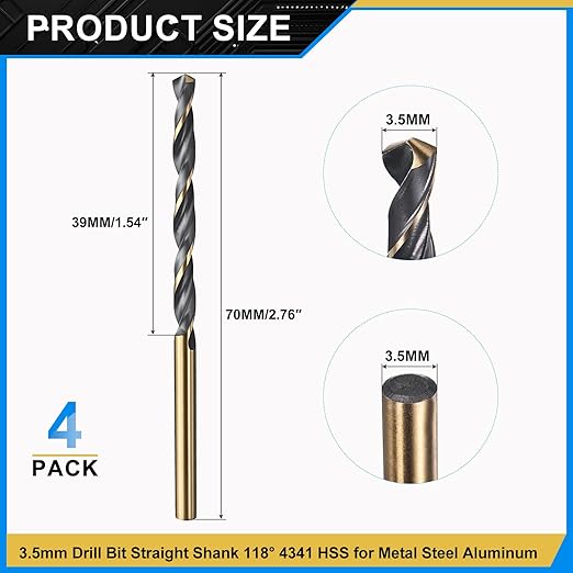 PATIKIL 3.5mm Drill Bit, Jobber Straight Shank 4341 High-Speed Steel 118째 Black and Gold Finish for Medium-Hard Metal Steel Acrylic - 4 Pack