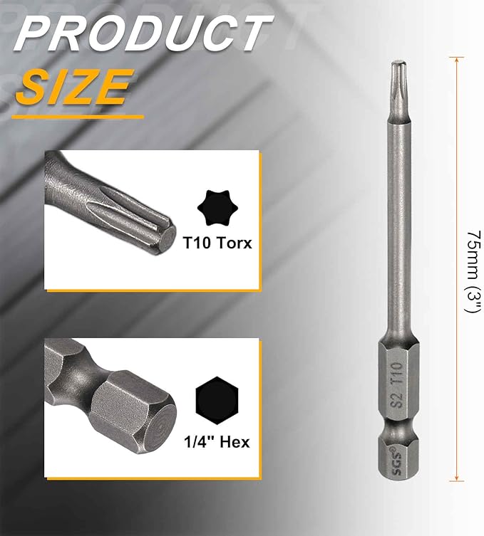 HARFINGTON 2pcs T10 Torx Head Screwdriver Bit 1/4" Hex Shank 3" (75mm) Long Magnetic No Hole Tip Tamper Proof 6 Point Star Screw Driver Drill Bits S2 Steel Industrial Power Screwdrivers