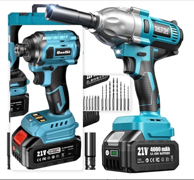 Seesii Cordless Impact Wrench & Impact Driver set 1/2'' Wrench Gun & 1/4'' Impact Driver, 2x 4000mAh 21V Battery, Fast Charger, 20 pcs Driver Bit Set & Bag