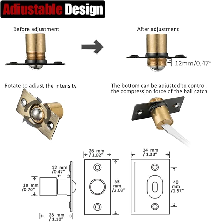 JQK Closet Ball Catch Door Hardware, Stainless Steel Catch Adjustable with Strike Plate, Antique Bronze 2 Pack, HBC100-QG-P2