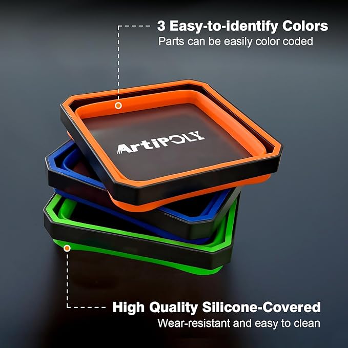 Collapsible Magnetic Parts Tray Set, 3 Pack Foldable Silicone Magnetic Tool Trays for Bolts Screws Nuts & Small Metal Parts, 4.5??Upgraded Square Silicone Bowls with Dual-Sided Magnetic Base