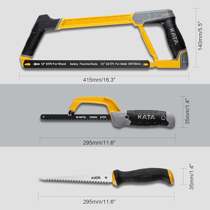 KATA Heavy Duty Hacksaw Frame Set, 12" Hack saw, 10" Mini Hacksaw and 6" Drywall Saw/Jab Saw, Extra 4pc Flexible Bi-Metal HSS Blades, Multi-purpose Handsaws Cutting for Metal, Wood, PVC Pipes