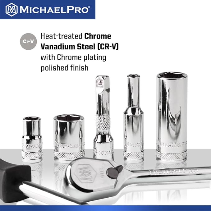 MichaelPro 22-Piece 1/4'' Drive Socket Set SAE 3/16'' - 1/2'', 90-Tooth Standard & Deep Sockets, CR-V Steel, 6-Point Design, with Spinner Handle, Extension Bar, Ratchet Handle | MP005058