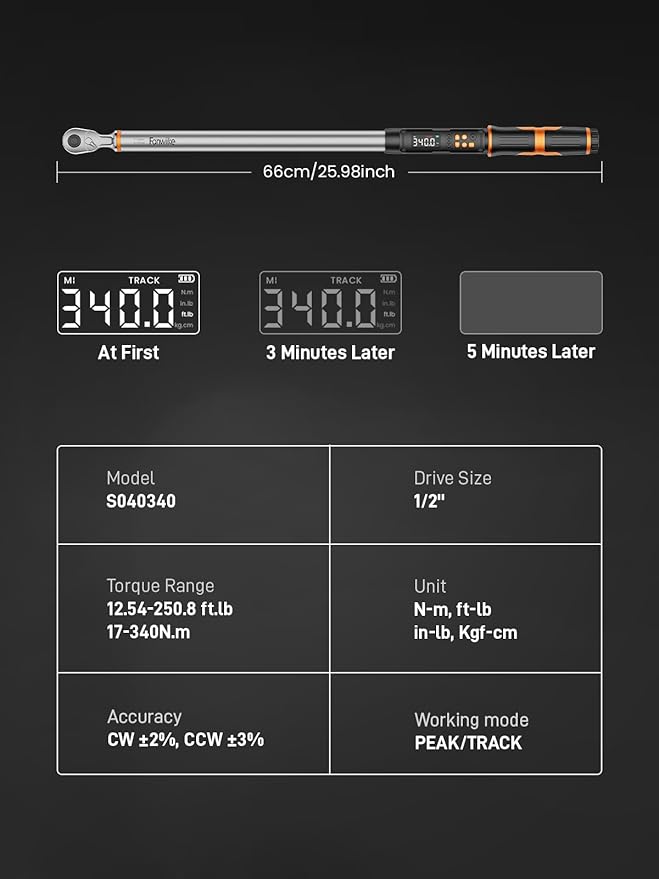 Fanwiike 1/2" Drive Digital Torque Wrench, 12.54-250.8 Ft.lb /17-340 Nm, Foot Pound Torque Wrench Electronic with Buzzer & LCD Indicator, Torque Wrench Set for Cars Automotive, 짹2% Accuracy