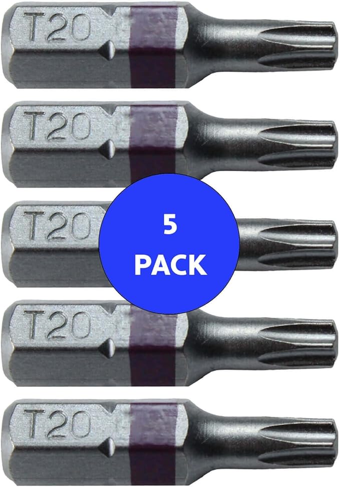 T20 x 1" Color-Coded Torx/Star Driver Bit - Precision Fit for T-20 Screws and Fasteners, 5-Pack